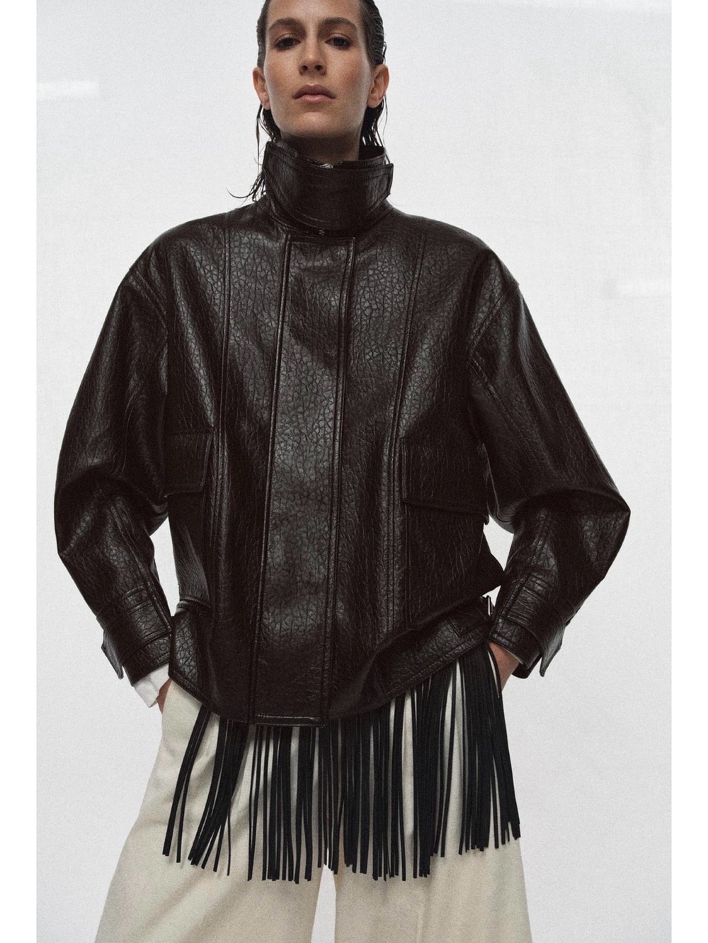NWT Zara Dark Brown Leather Biker Jacket with Silver Hardware